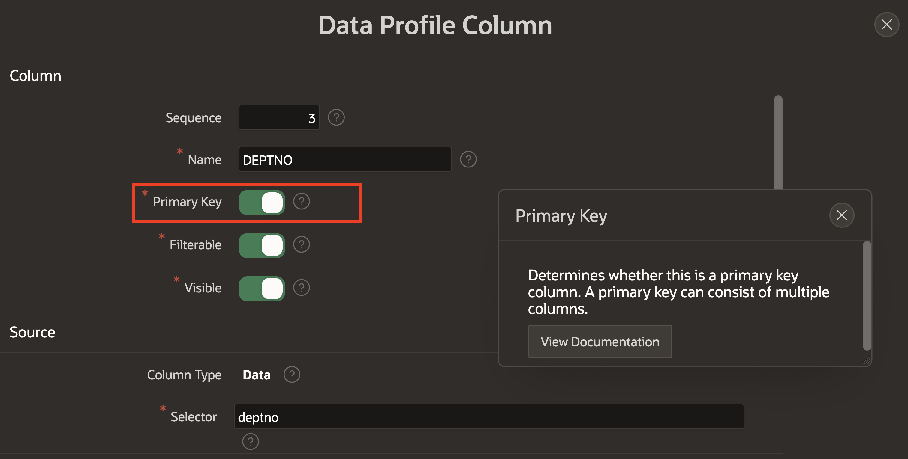 Enable the Primary Key switch for the DEPTNO column.