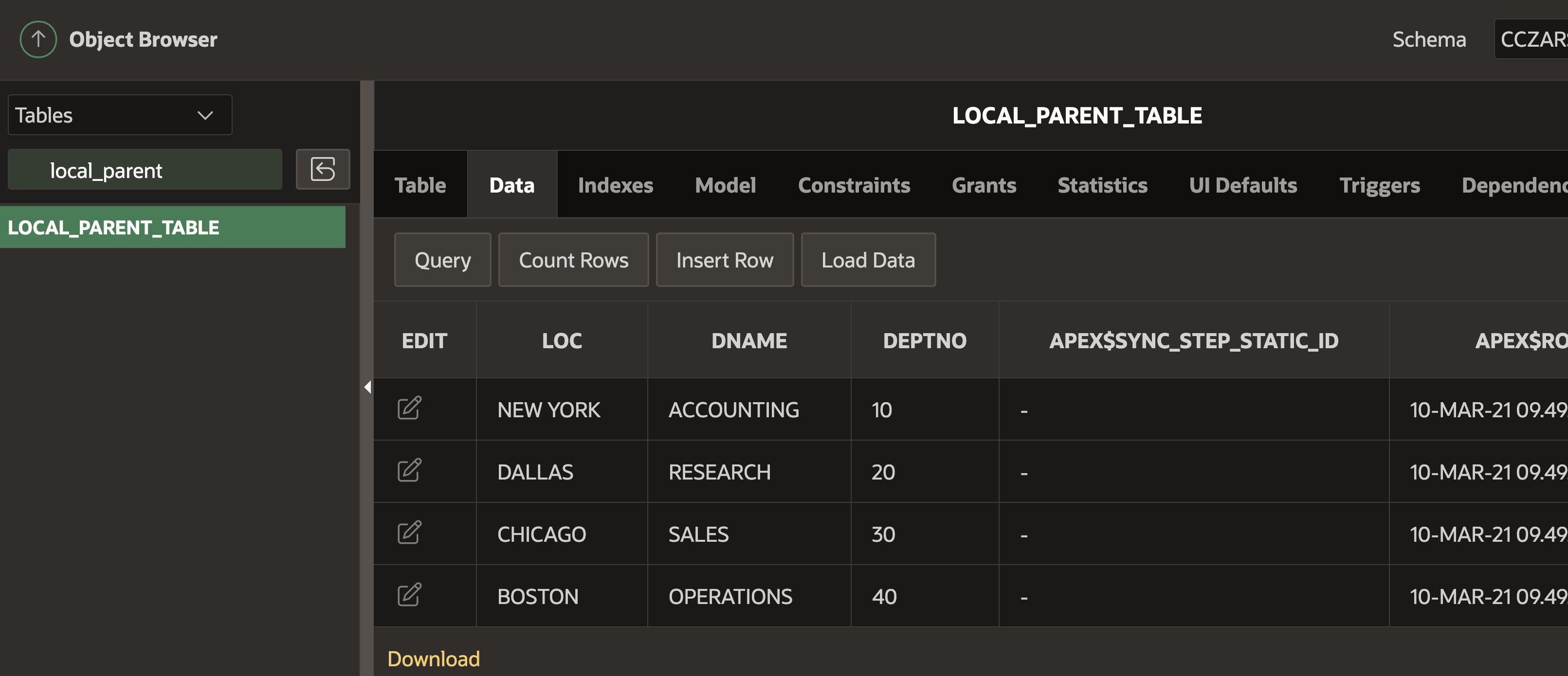 Review table data in SQL workshop after the synchronization ran.