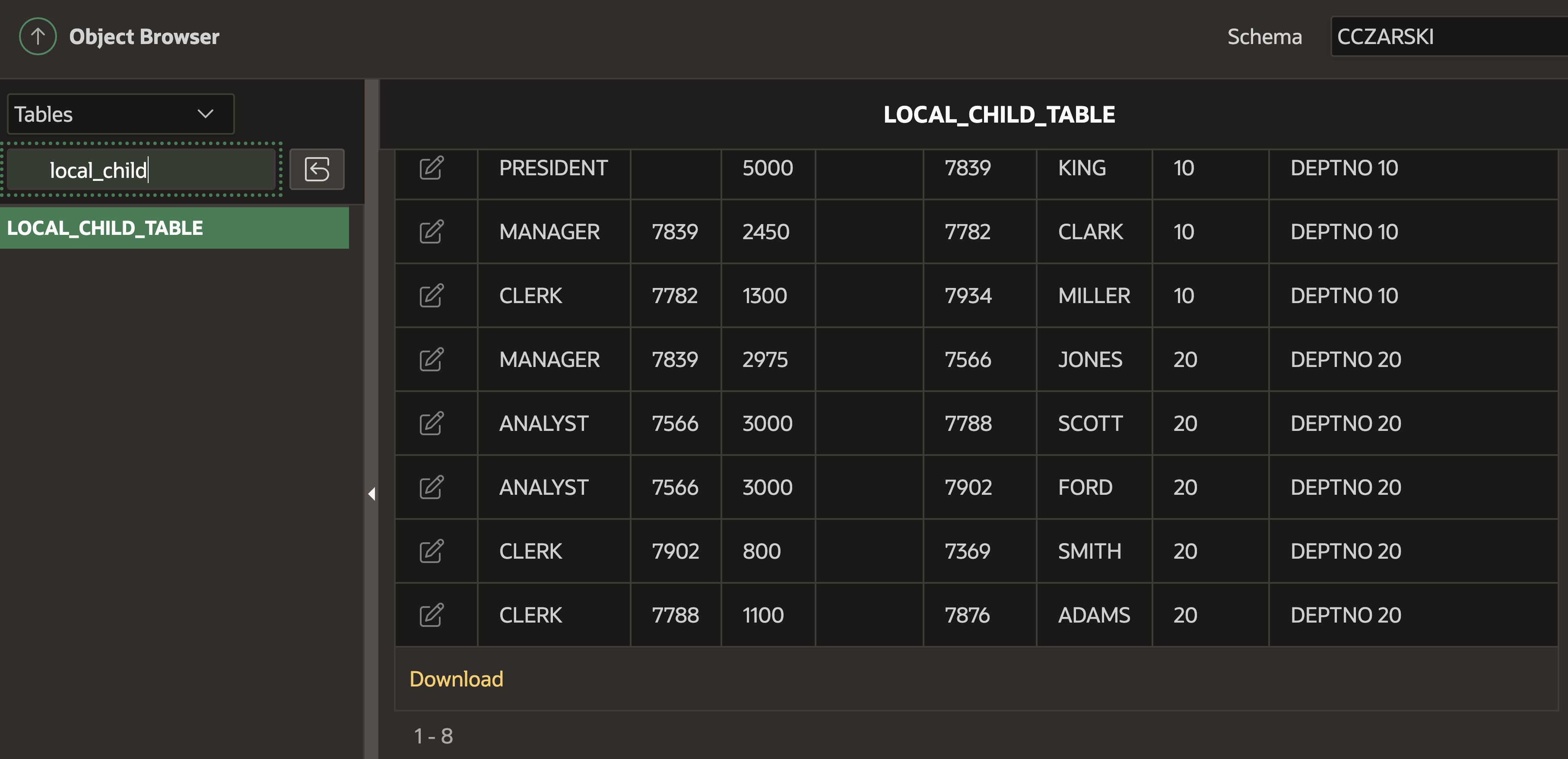 LOCAL_CHILD_TABLE in SQL Workshop: We now have rows for DEPTNO 10 and 20