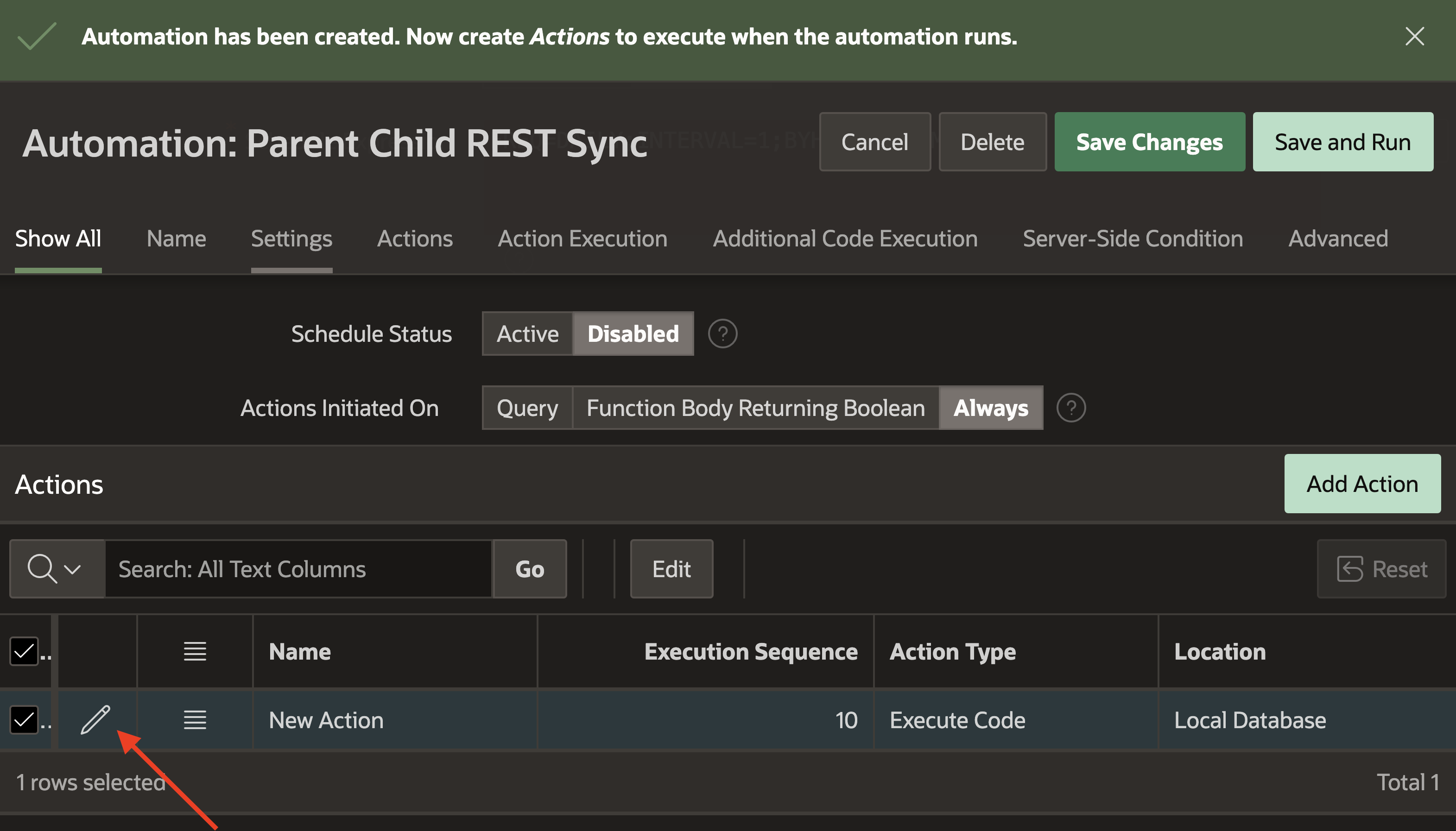 A new Automation contains a predefined placeholder Action.