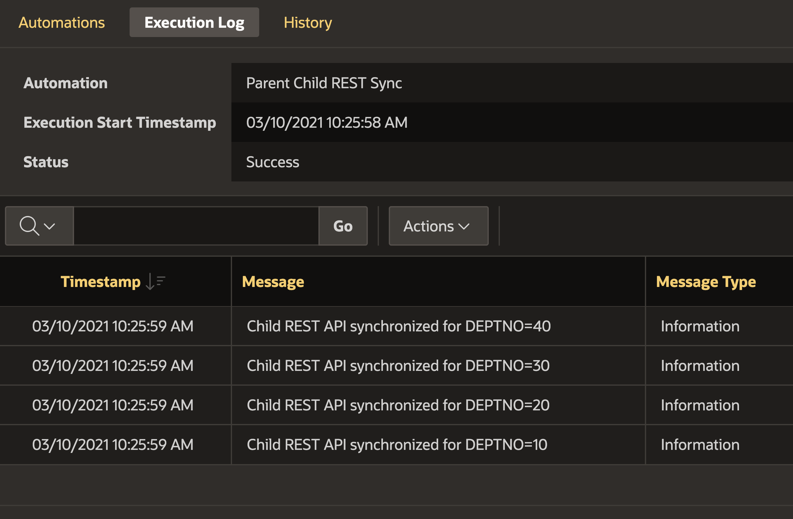 Automation Execution Log.