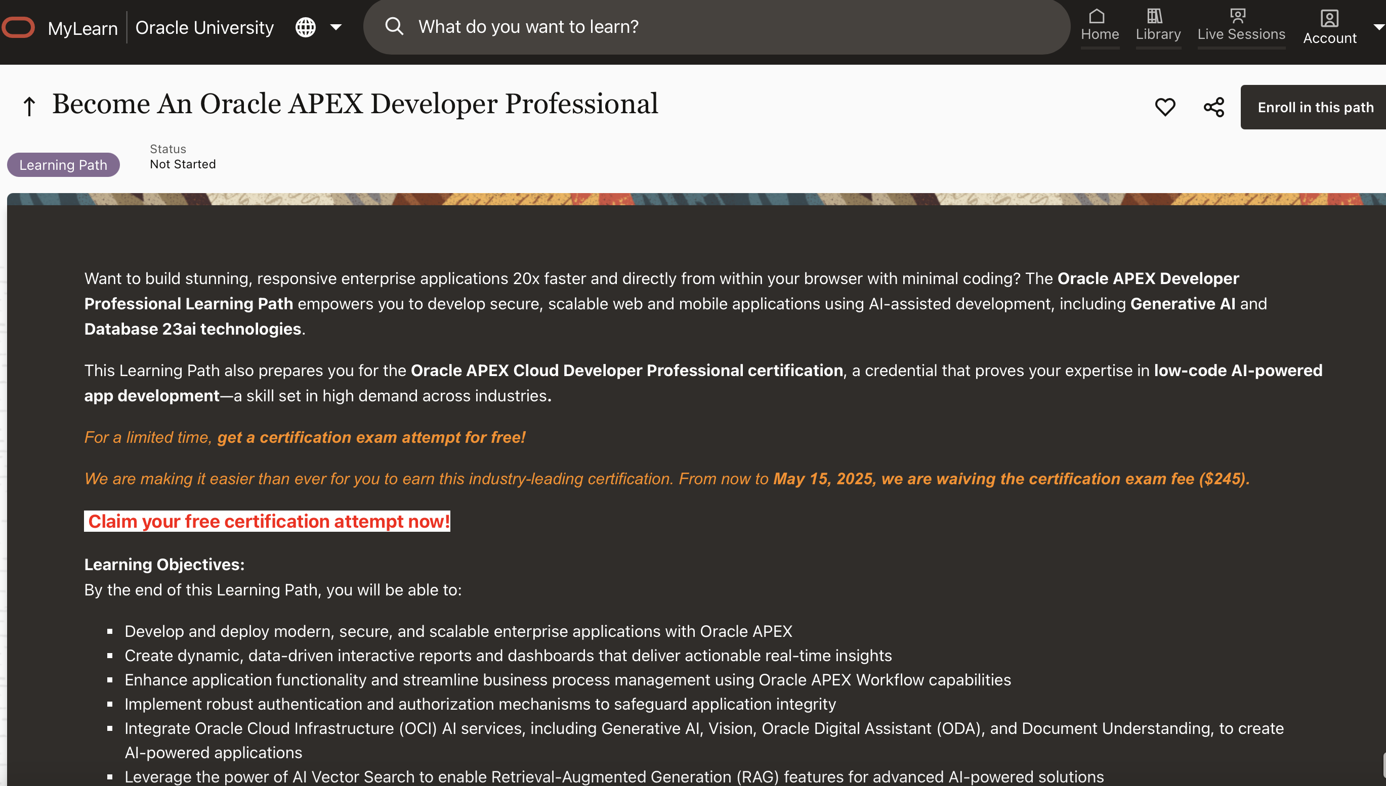Free promo for Oracle APEX Cloud Developer Professional Certification