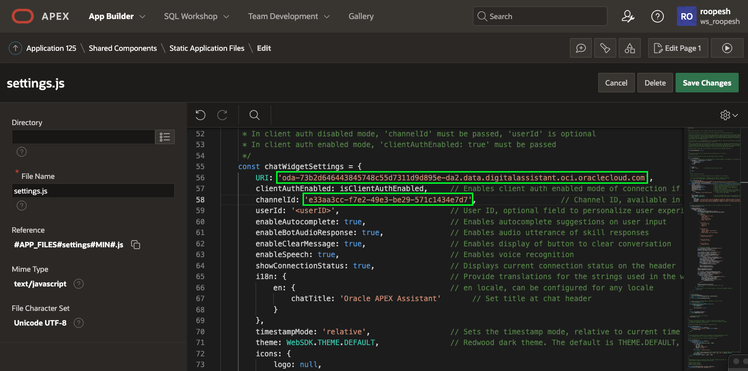 updating Settings.js file with URI and Channel ID