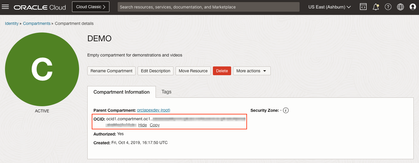 Copy Compartment OCID