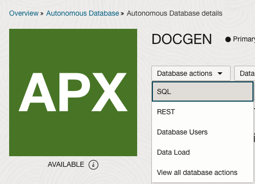 Database actions dropdown menu which highlights the SQL entry