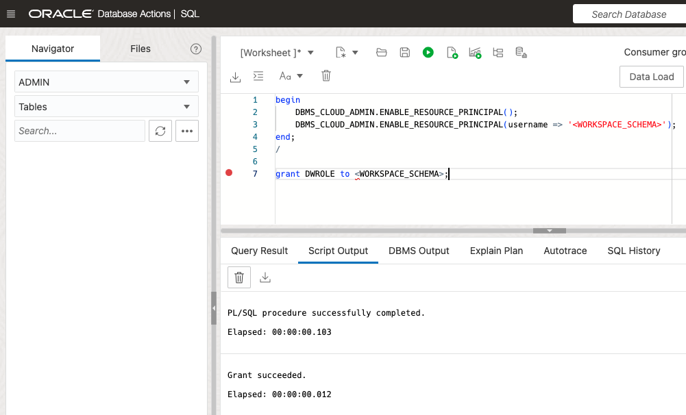 SQL worksheet in Database actions with the statements to execute