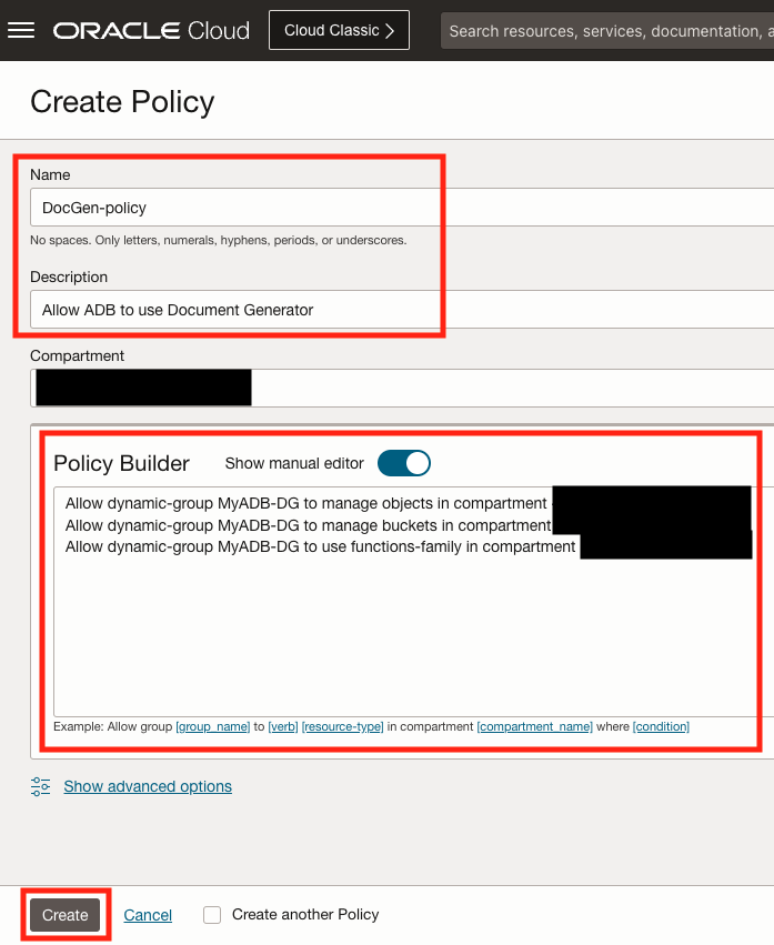 The Create Policy wizard which highlights the important fields