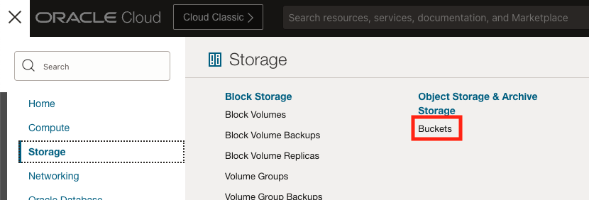 Navigation menu which highlights the Buckets link