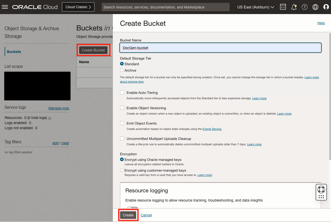 Page showing the Create Bucket wizard with highlights on the create buttons