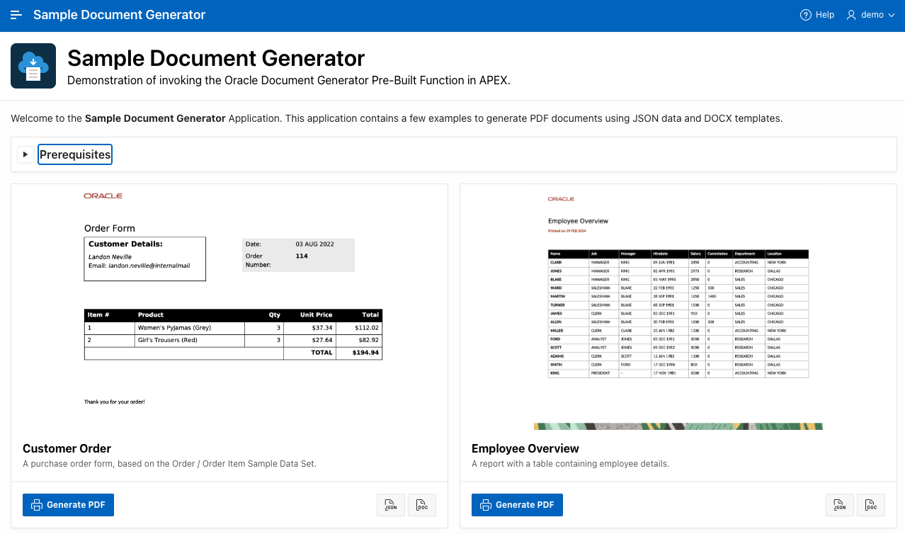 The home page of the sample application