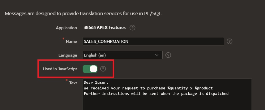 Figure 4. Enabling the Text Message to be used in JS