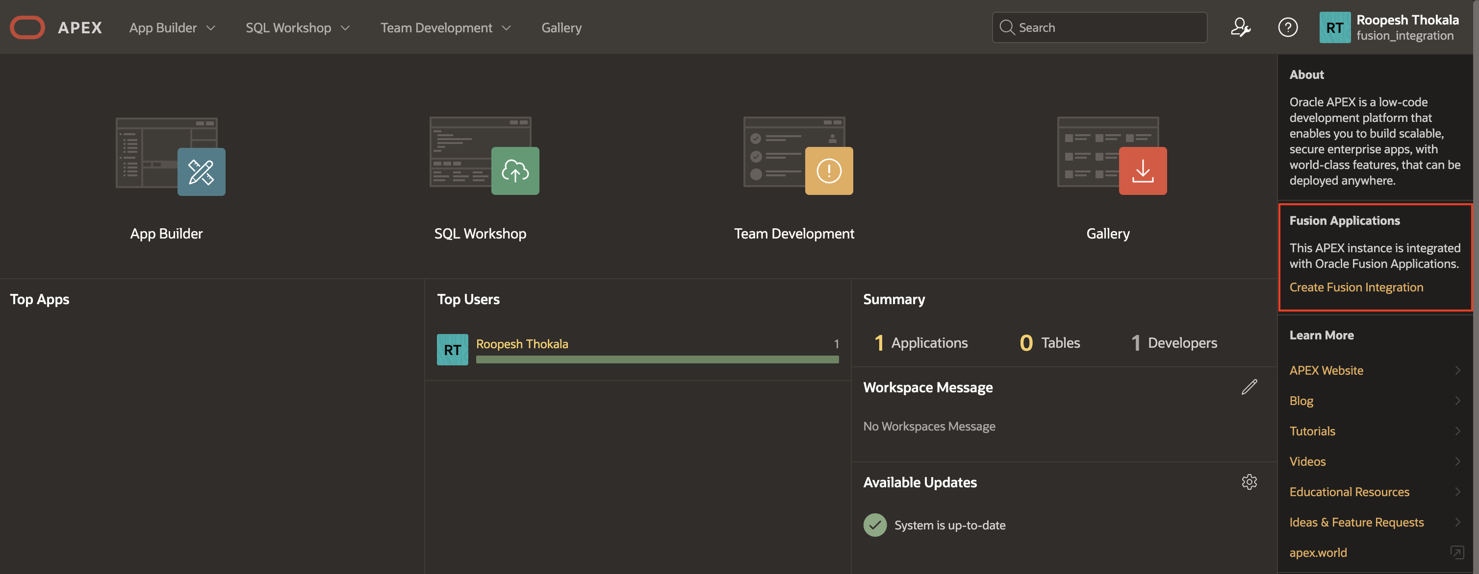 APEX Instance is integrated with Oracle Fusion Applications