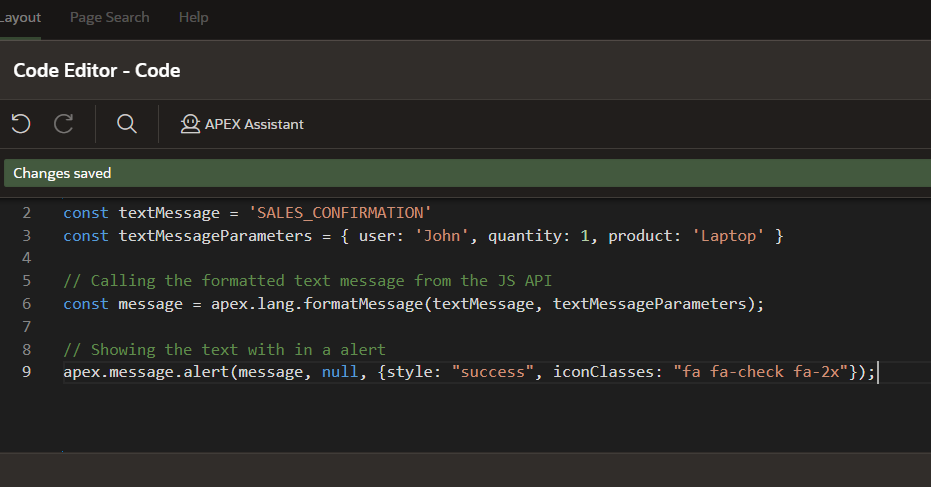 Figure 5. Adding a Text Message to JS code