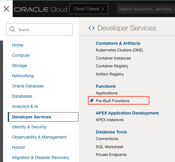 navigate to prebuilt functions
