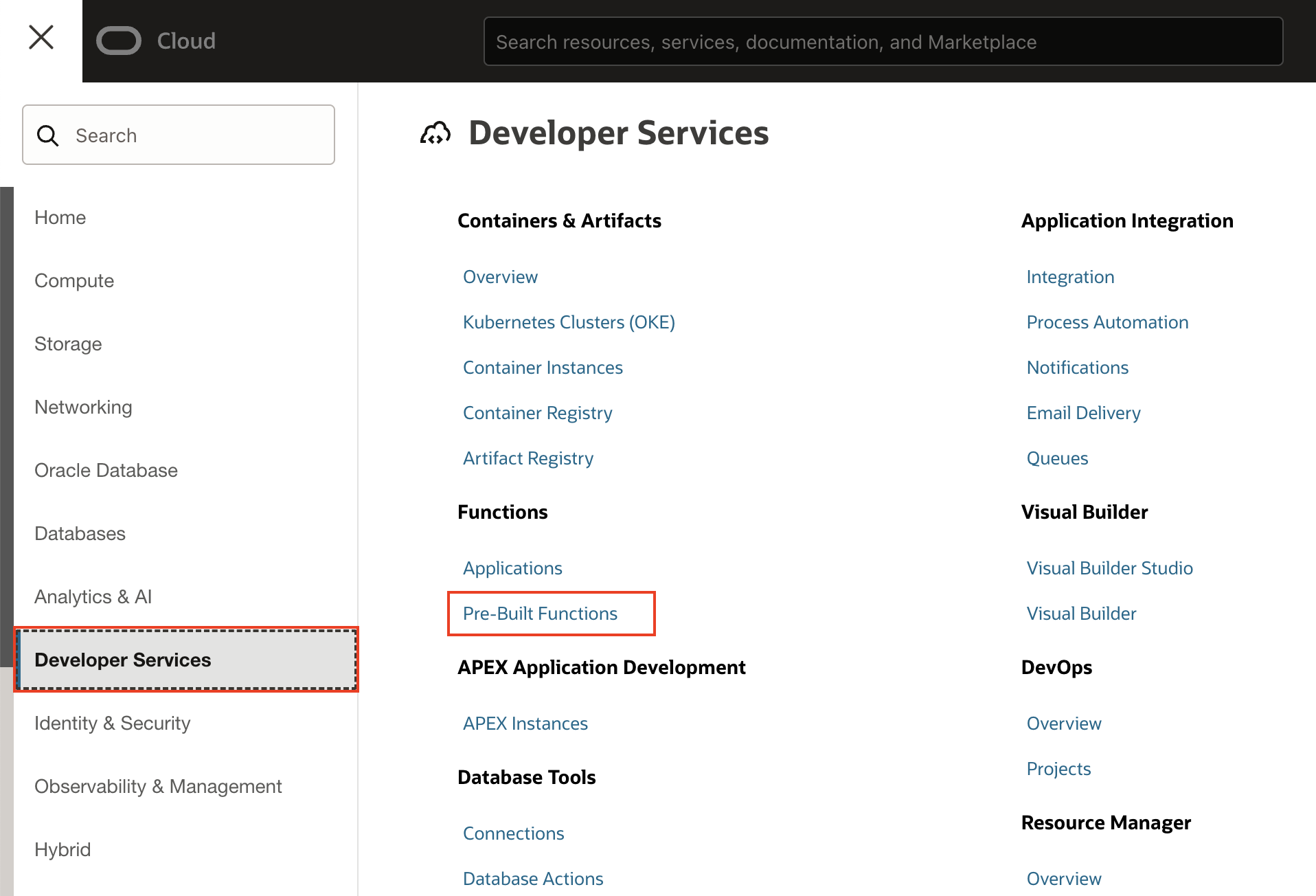 Select functions under developer services