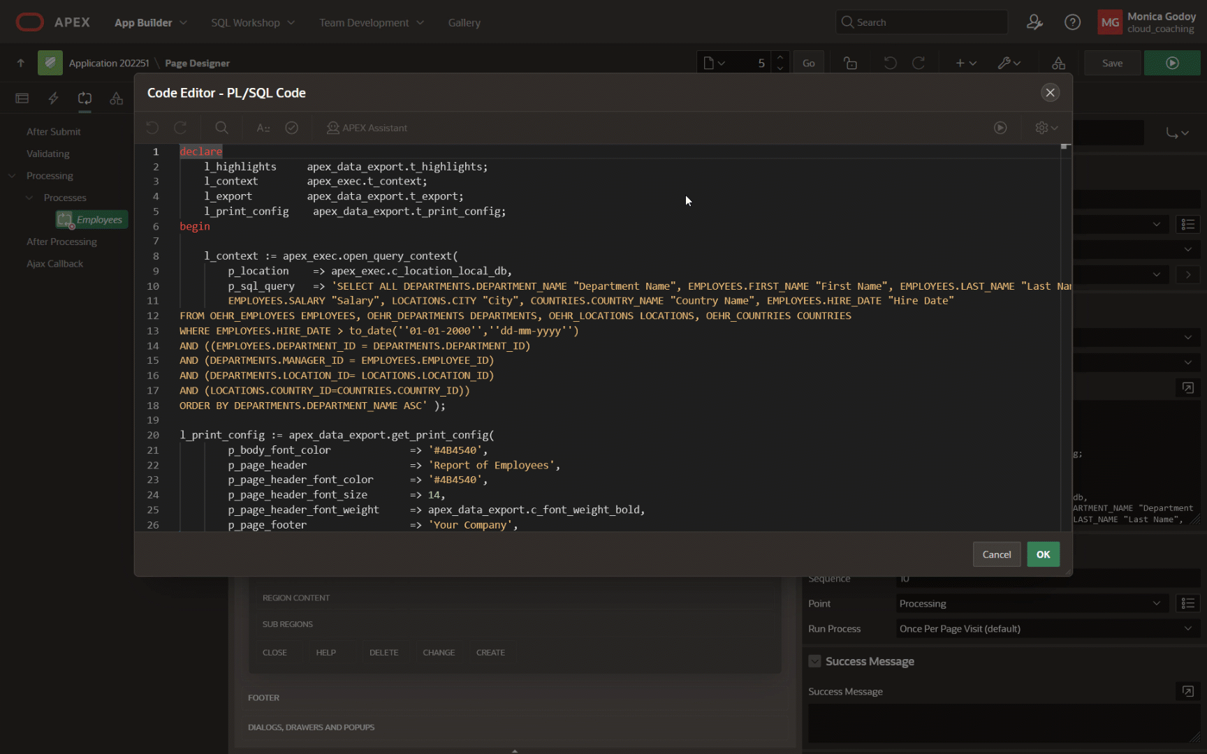 Figure 4. Using the APEX_DATA_EXPORT API to export the SQL Query data