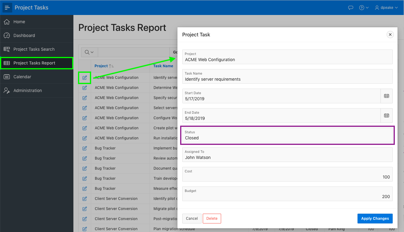 Runtime navigating to a single Project Task