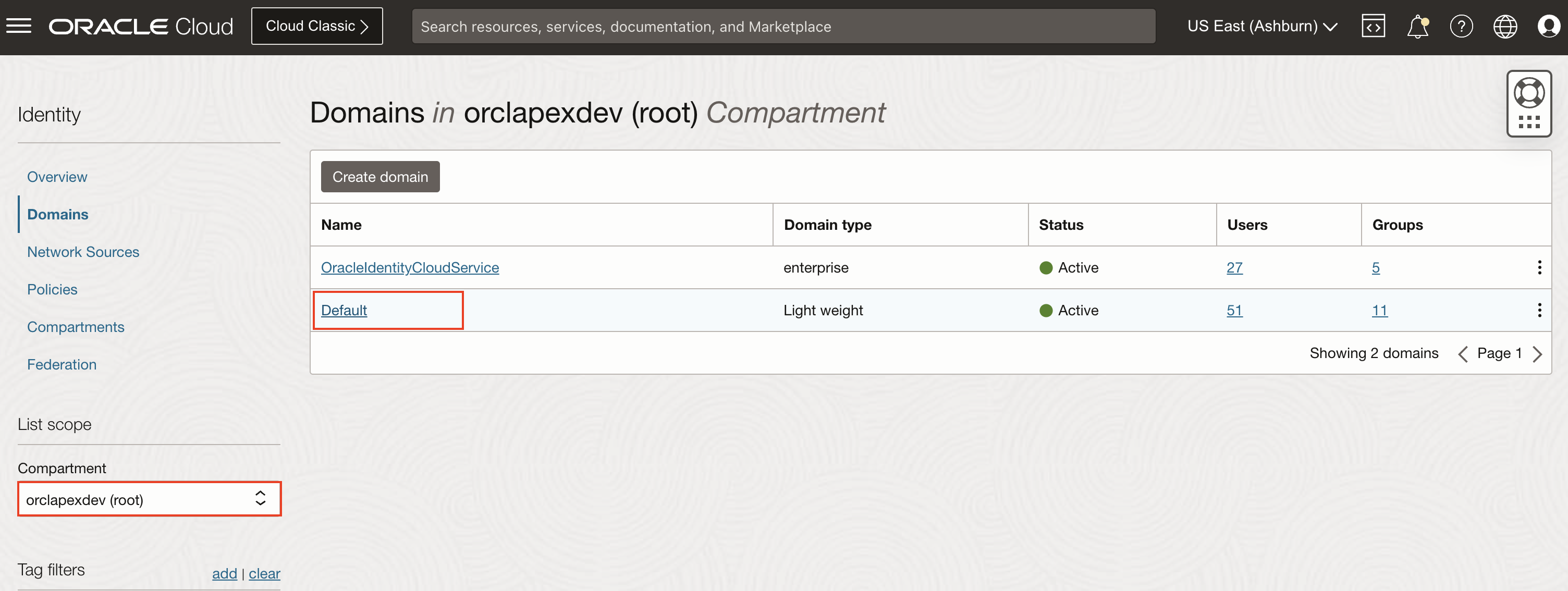 select default domain