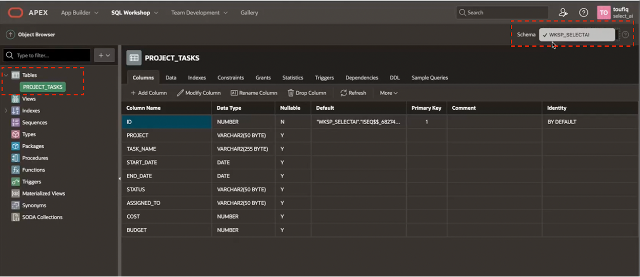 APEX Object Broswer showing tables