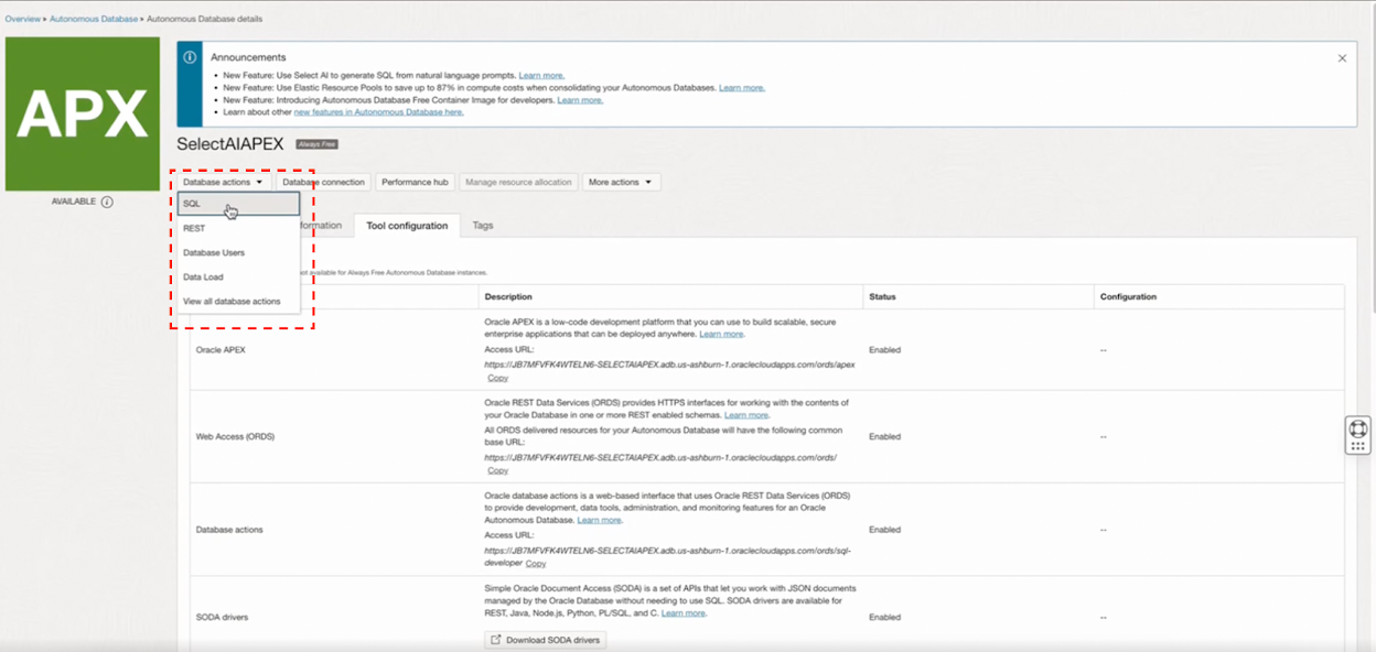 ADB Details Page showing SQL under Database Actions