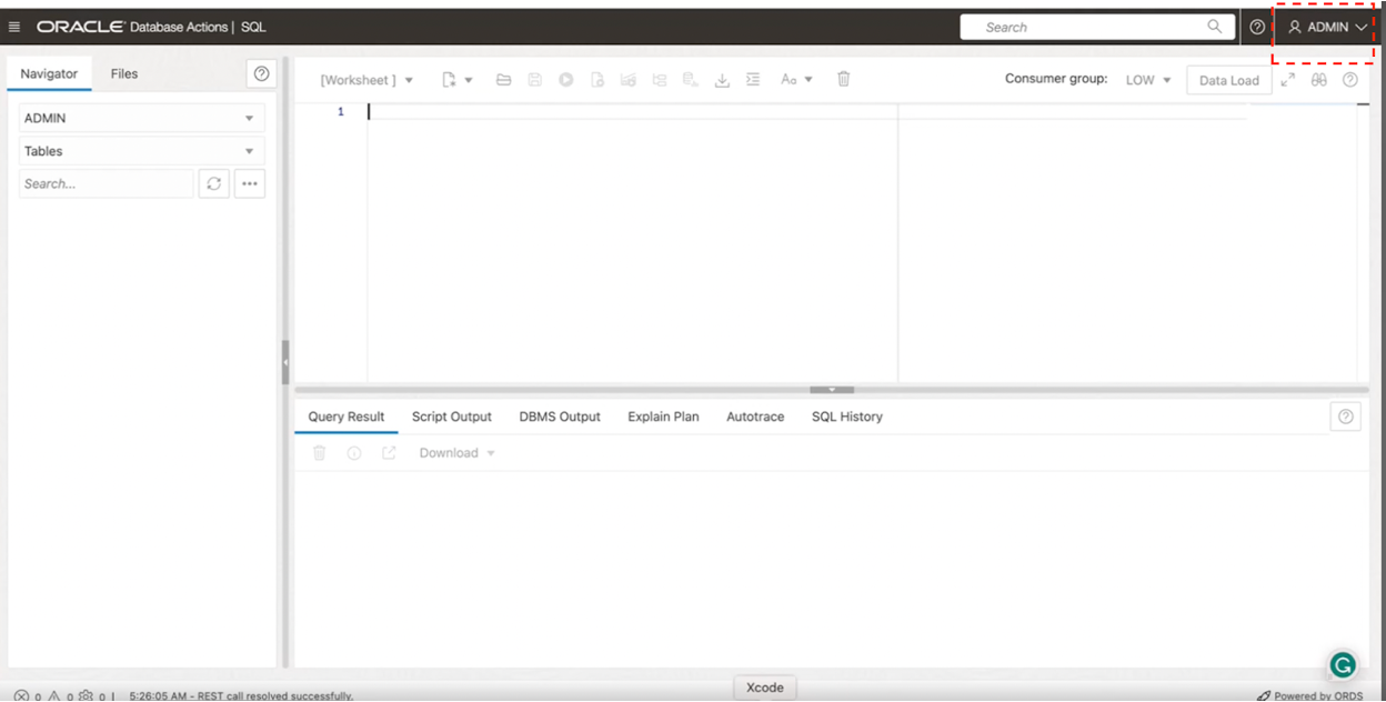 Database actions SQL Worksheet