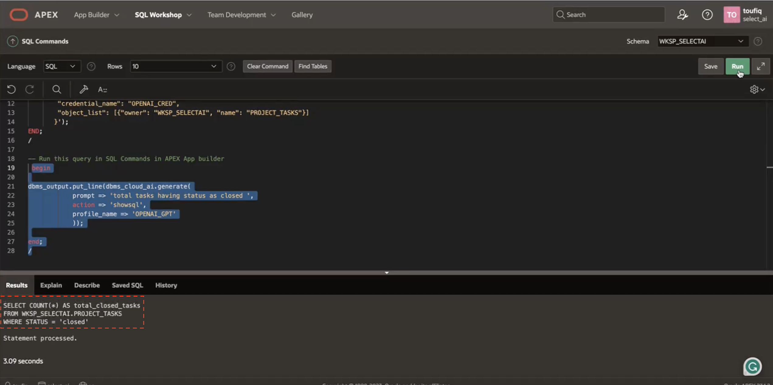 SQL Commands showing output from Select AI