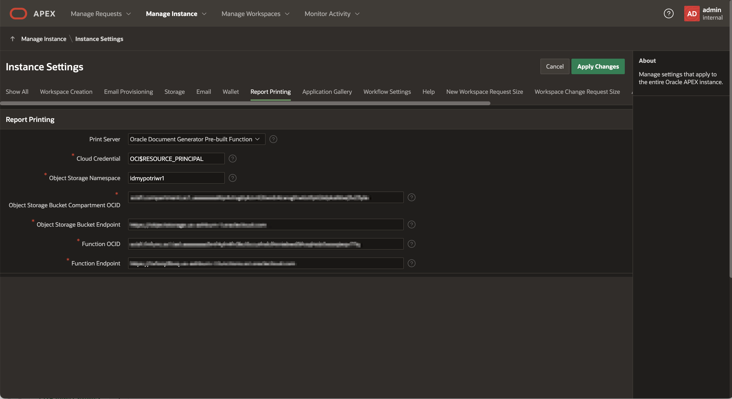 Verify APEX Instance settings for print server