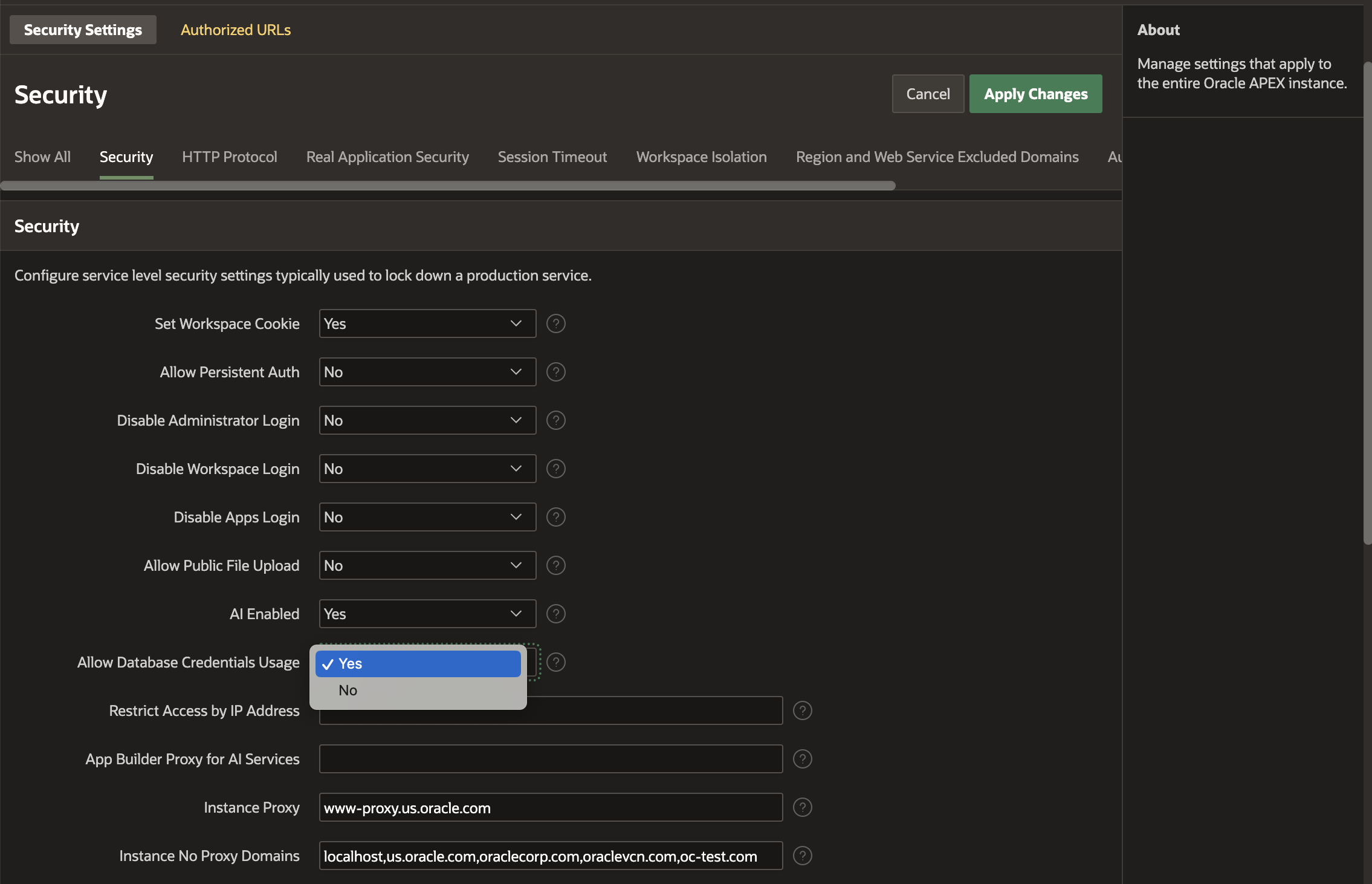 verify whether the Allow Database Credentials usage is set to Yes