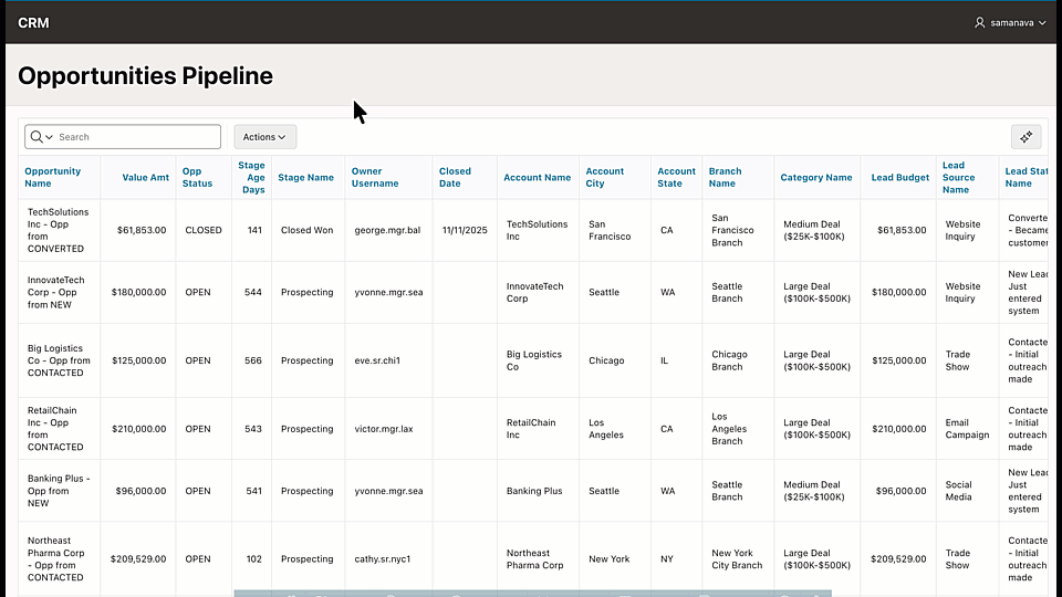 Gif 1: Accelerating pipeline review in CRM Application. A sales user quickly narrows the opportunities pipeline to open late-stage deals, summarizes pipeline value by stage, highlights high-value opportunities, visualizes the results and saves the view for ongoing weekly forecast and prioritization discussions.