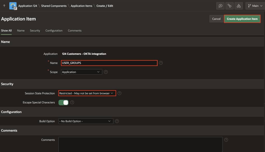Fig 14: Create an application item