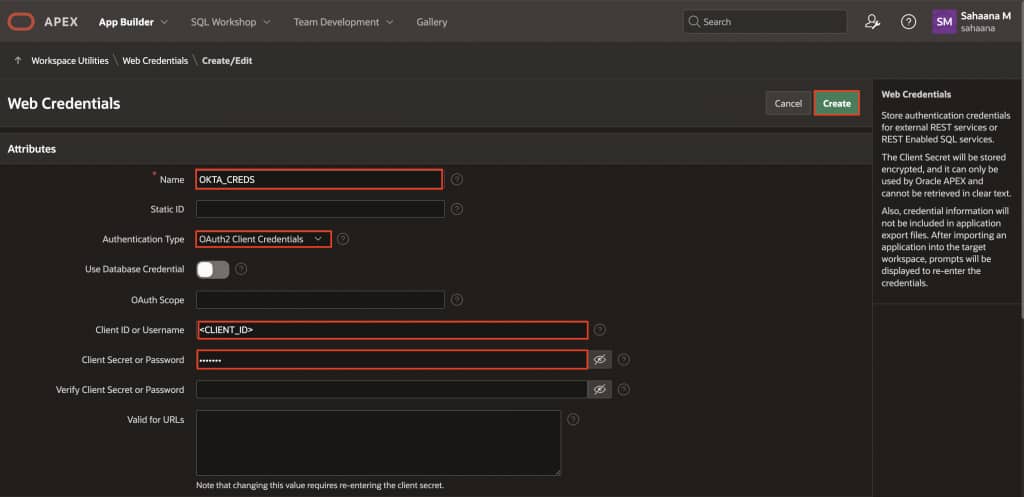 Create Web Credentials in APEX