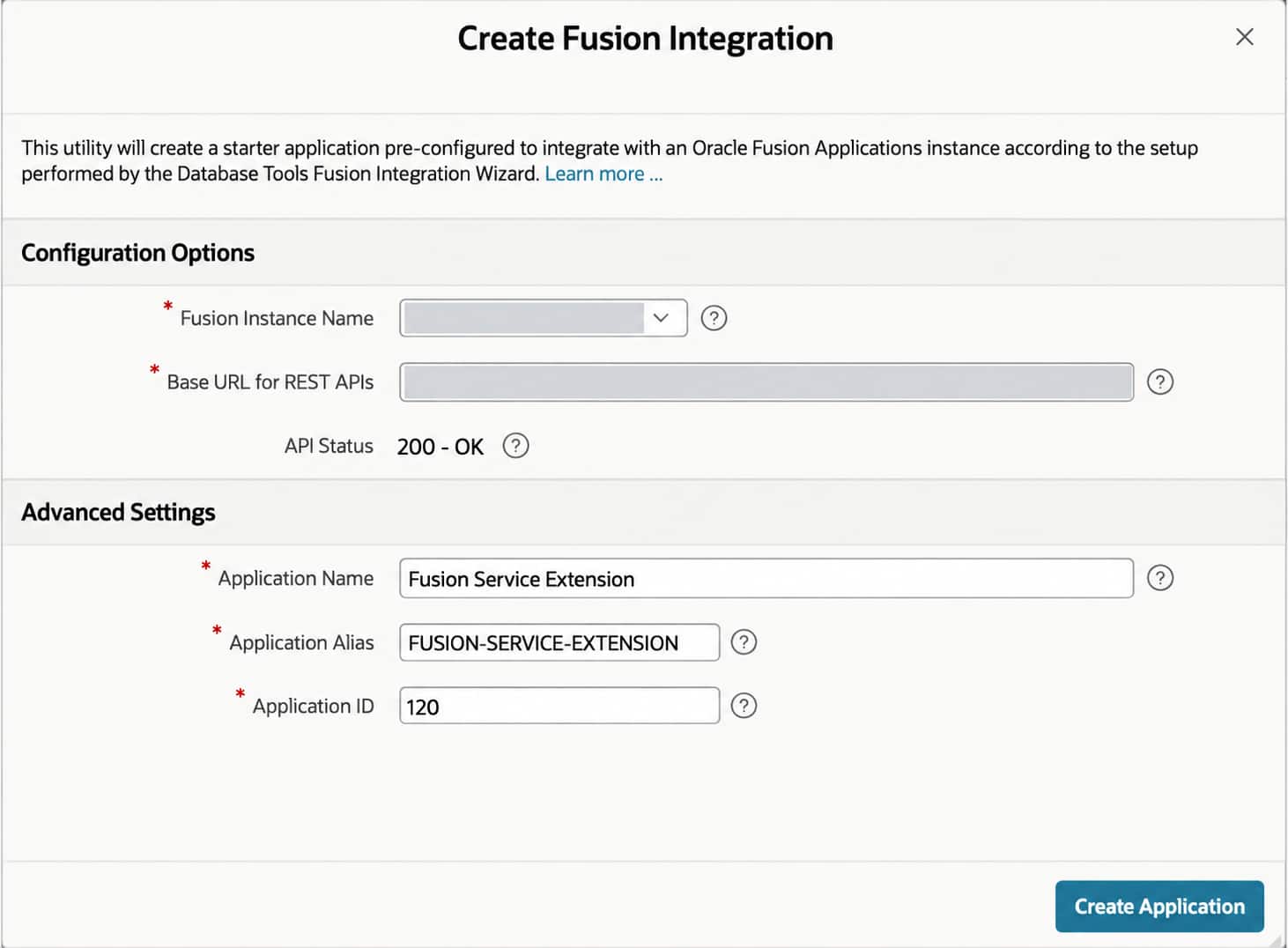 Figure 1: Create Fusion Integration with the configured Fusion Applications environment selected