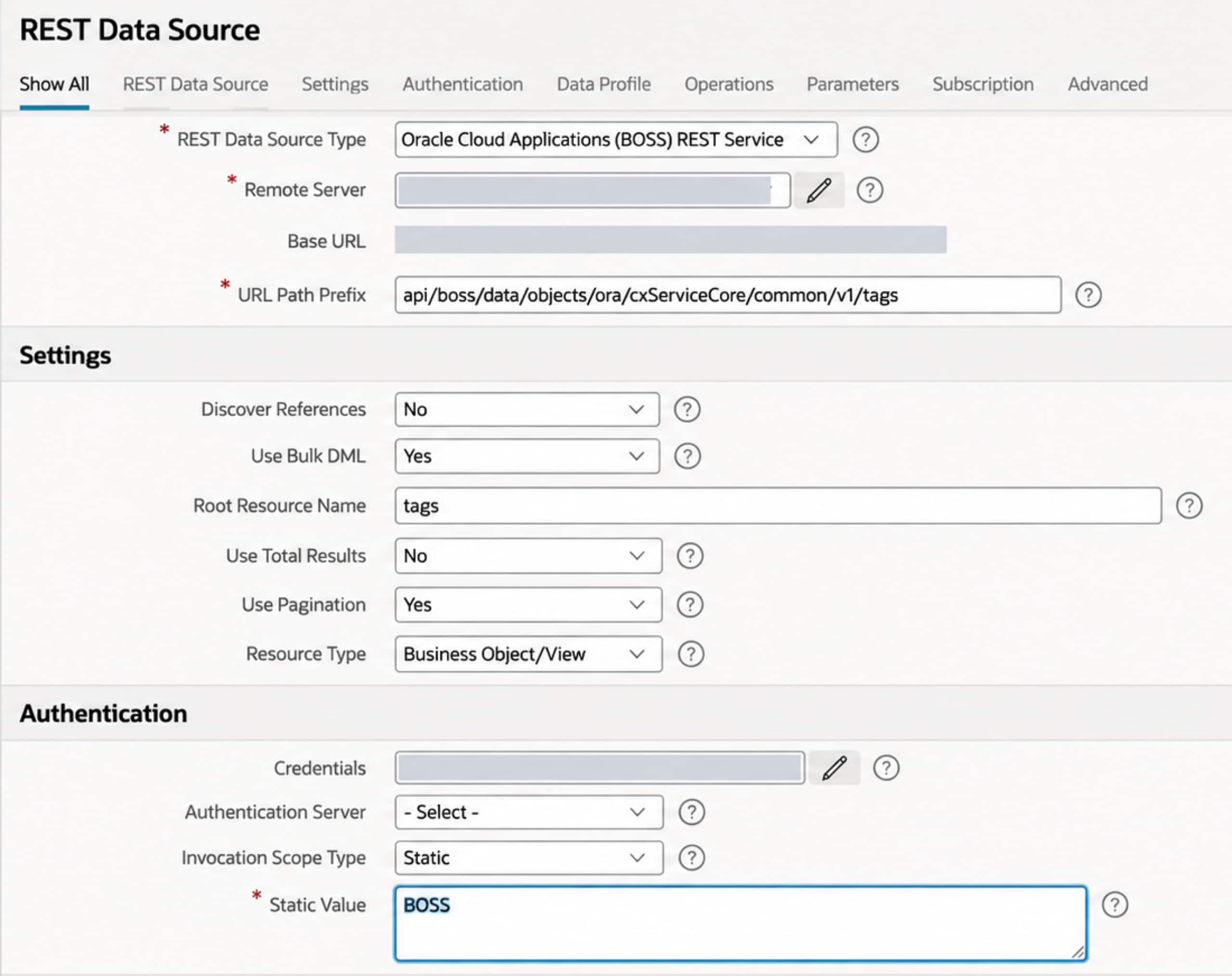 Figure 4 : CX Common Service Tags configured with a Static Invocation Scope of BOSS