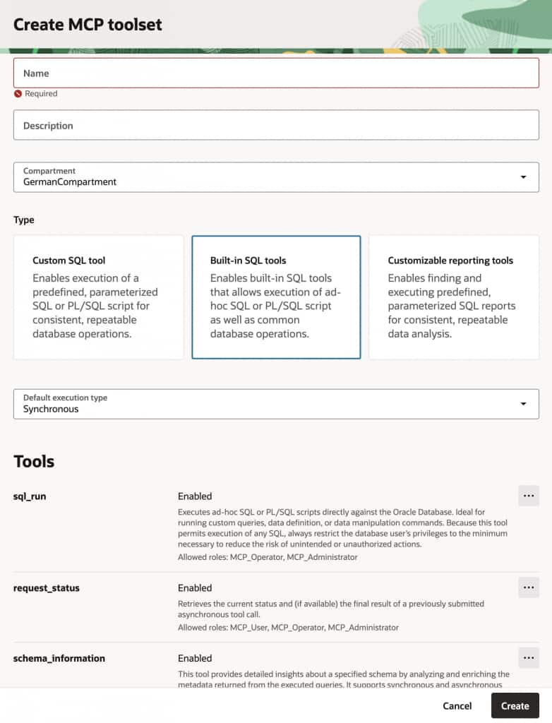 Figure 3: Selecting "Built-in SQL Tools" in the toolset creation screen
