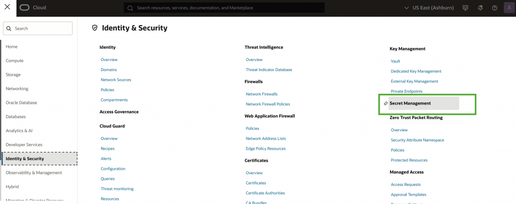 Image of main OCI Console, under the "Identity and Security" TAB.