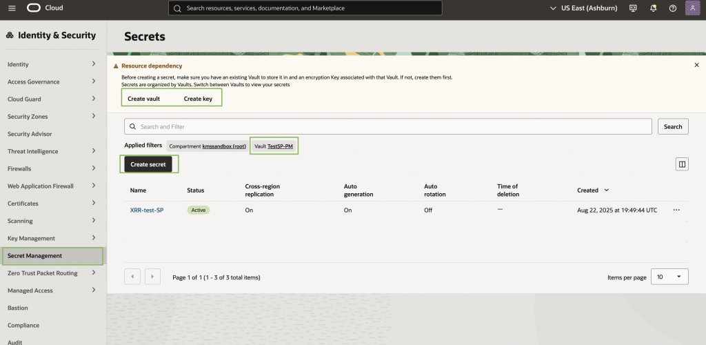 OCI console screen for viewing Secrets