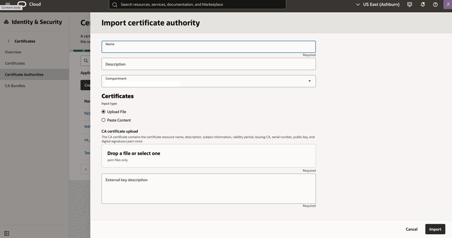 OCI Console screen for importing certificate authority.
