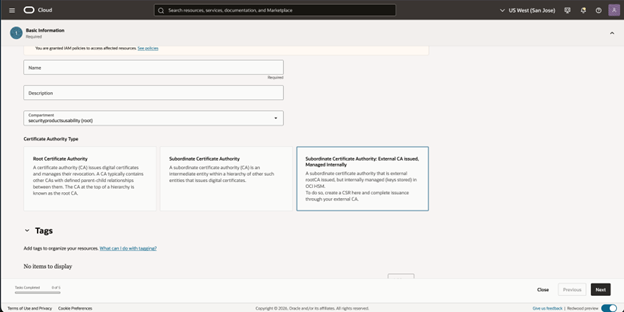 The OCI Console screen to Create Certificate Authority.