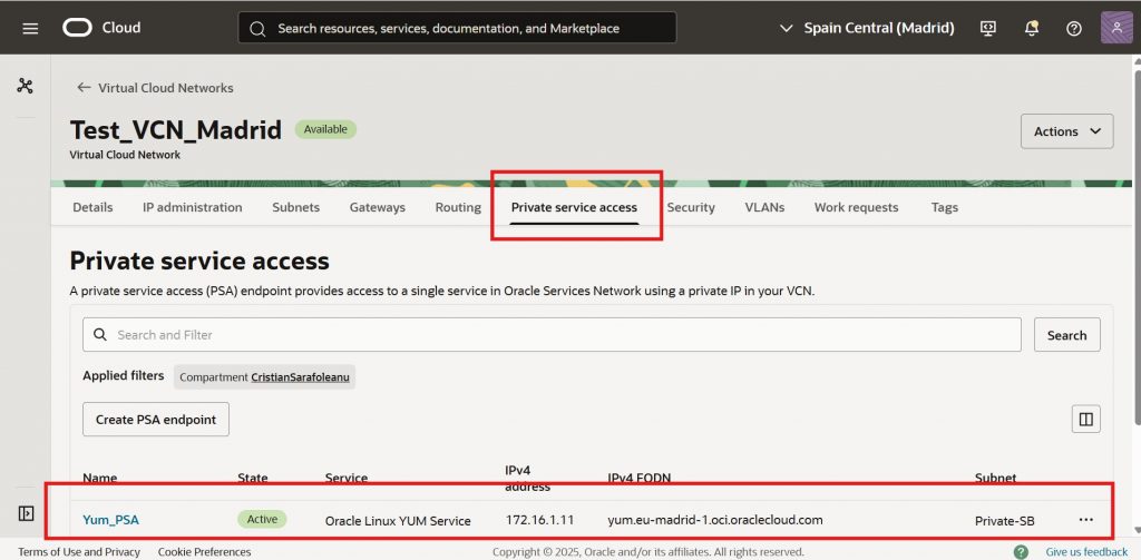 Private Service Access section inside the Virtual Cloud Networks menu