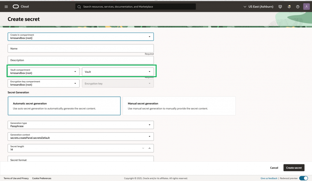 Image of the "Create  a Secret" screen in the OCI Console.
