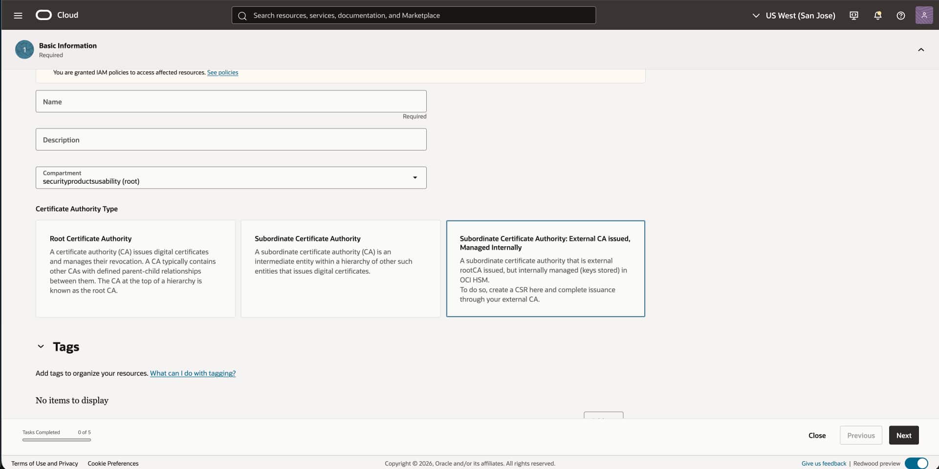 OCI Console screen for creating a certificate authority.