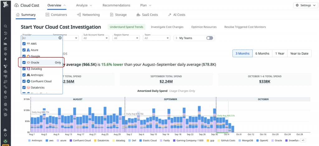 Datadog Cloud Cost Management Summary cloud cost investigation page