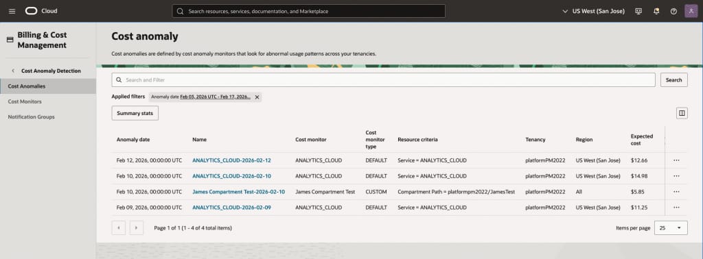 OCI Cost Anomalies list page
