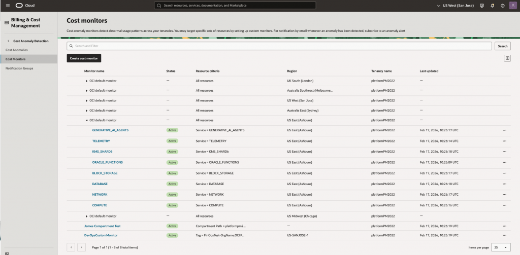 OCI Cost Monitors list page