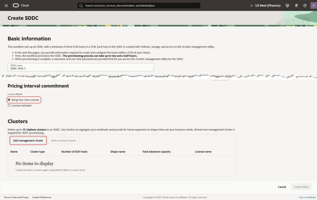 New License Model under "Pricing interval-Commitment" to select BYOL type.during new SDDC creation