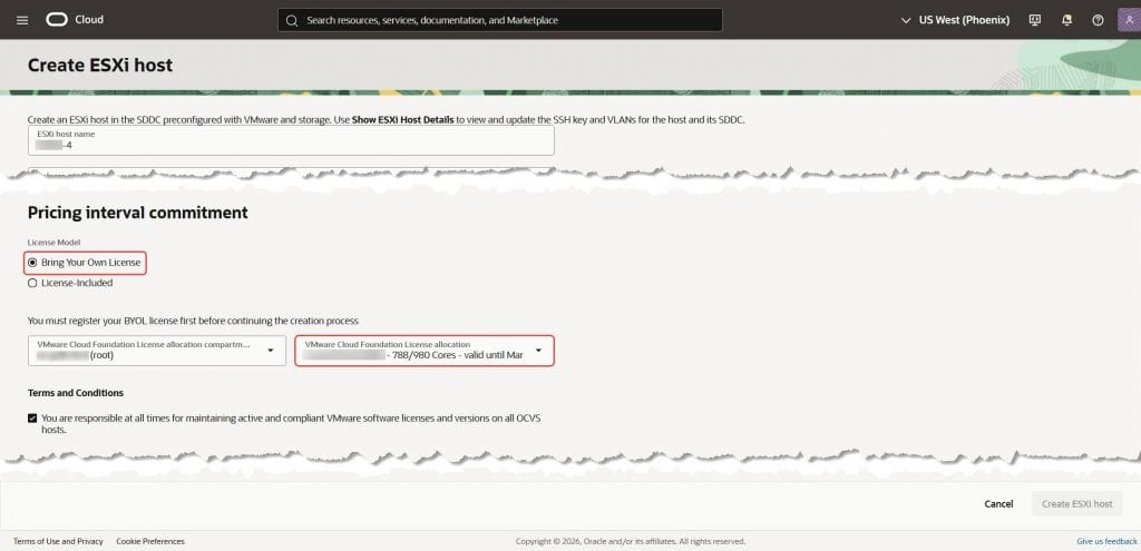 New License Model under "Pricing interval-Commitment" to select BYOL type.during ESXi creation