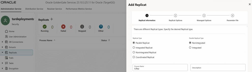 GoldenGate console - target