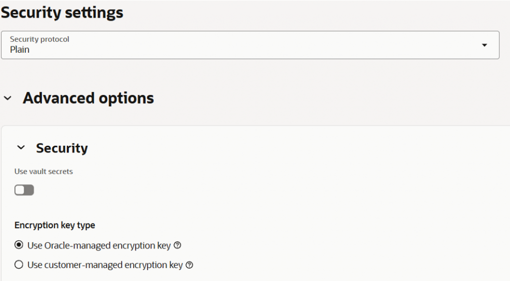 Create connection - security settings