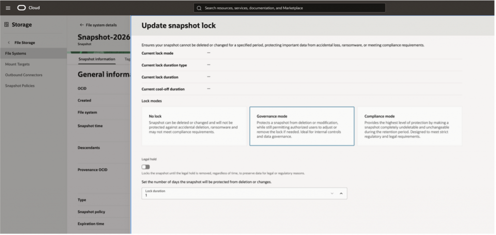 Figure 1: Snapshot lock options in the OCI Console