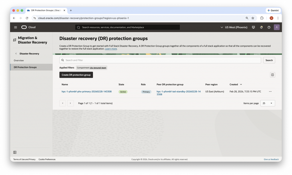 OCI Console — Full Stack DR Protection Group list showing PHX (PRIMARY) and IAD (STANDBY) groups with Active status and peer association confirmed.